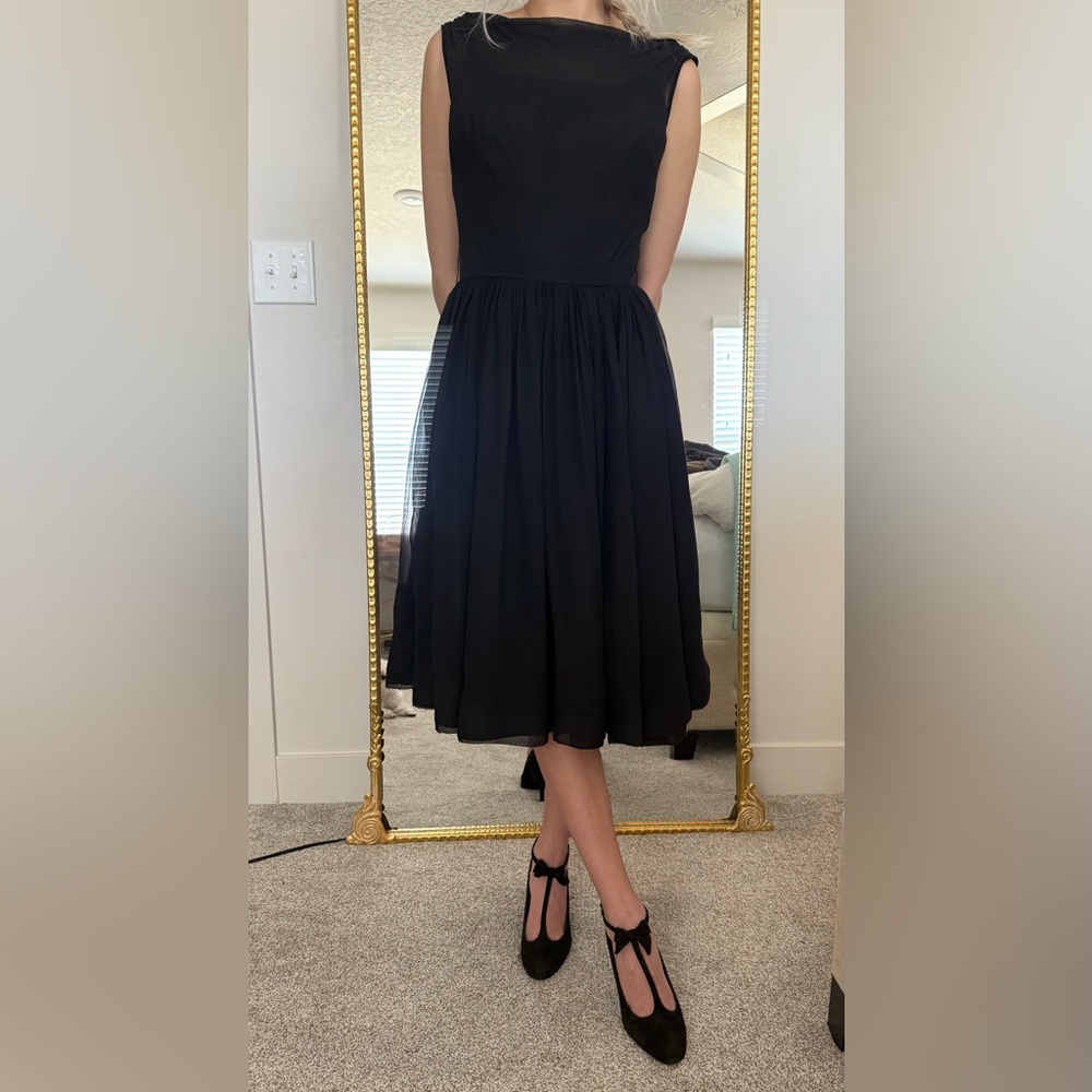 Vintage 1950s Black Chiffon Midi Dress